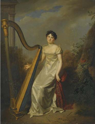 Portrait of a lady, wearing a white dress and seated beside a harp a landscape beyond